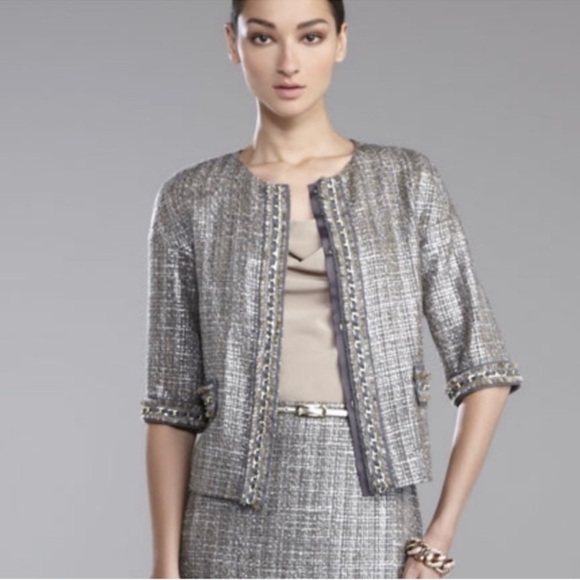 St. John Couture Tweed Knit Fringe Gold Chain Blazer Jacket